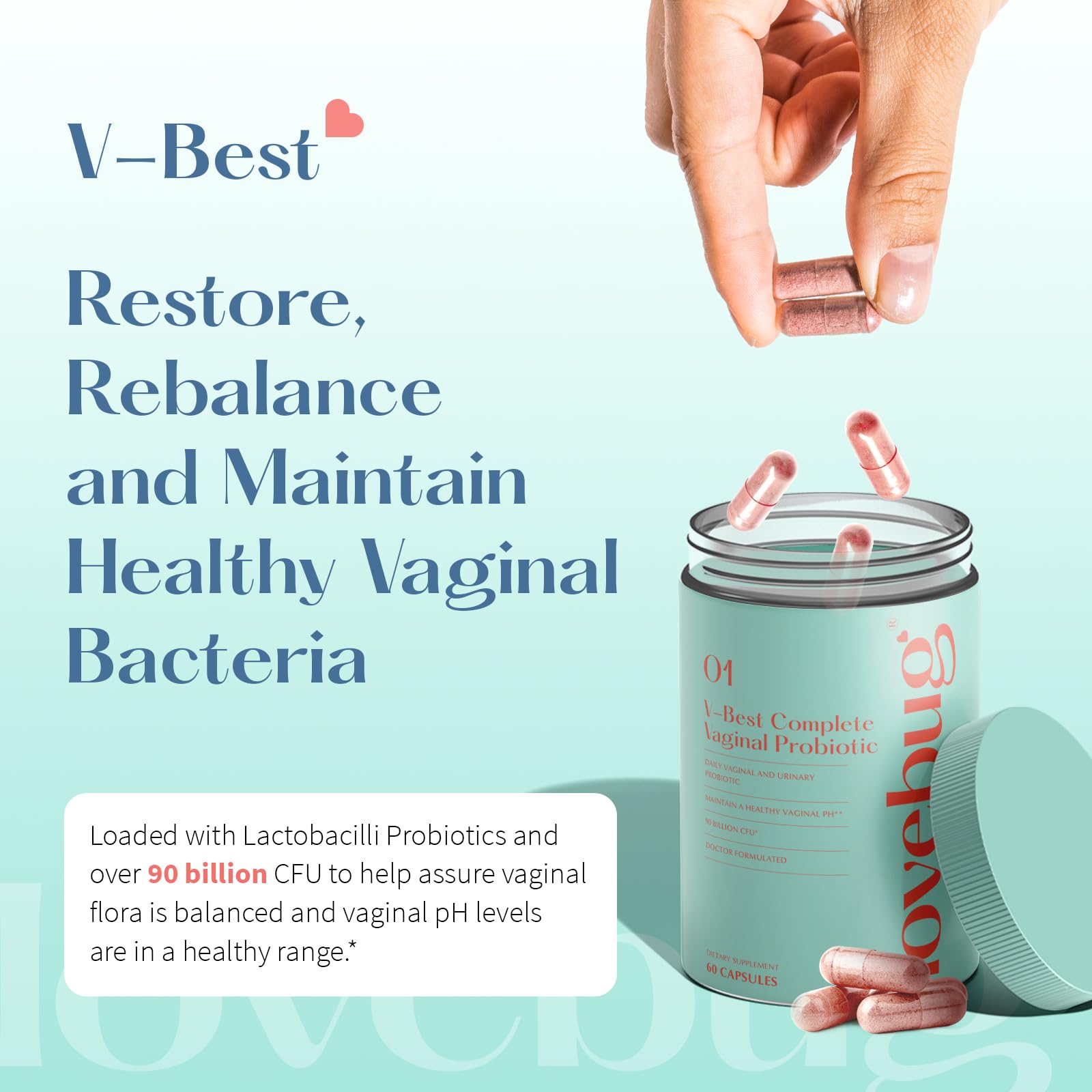 Close-up of LoveBug V-Best capsules highlighting probiotic strains.