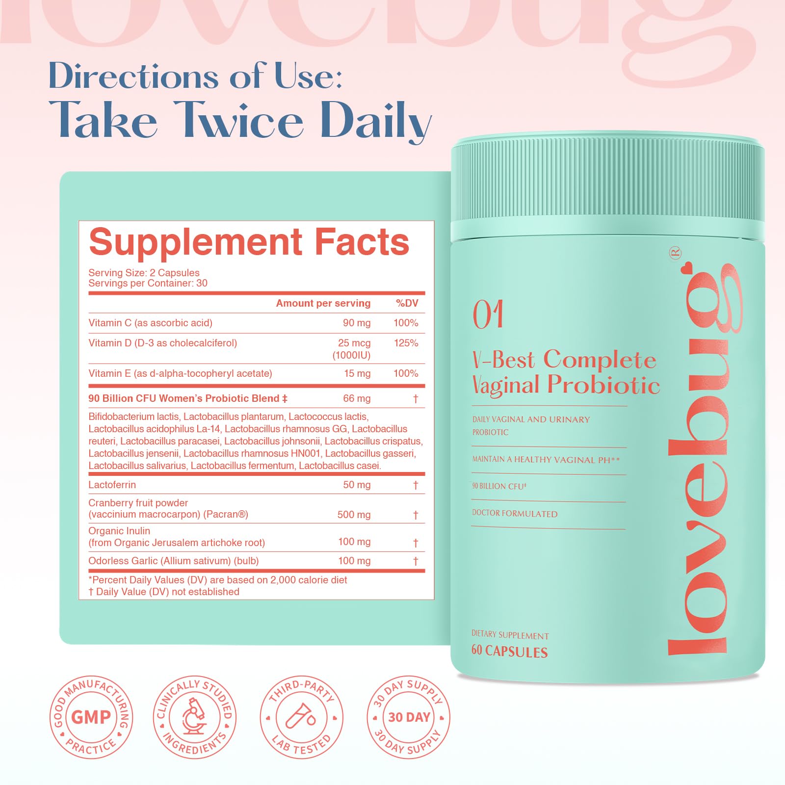 LoveBug V-Best display with inulin prebiotic illustration.