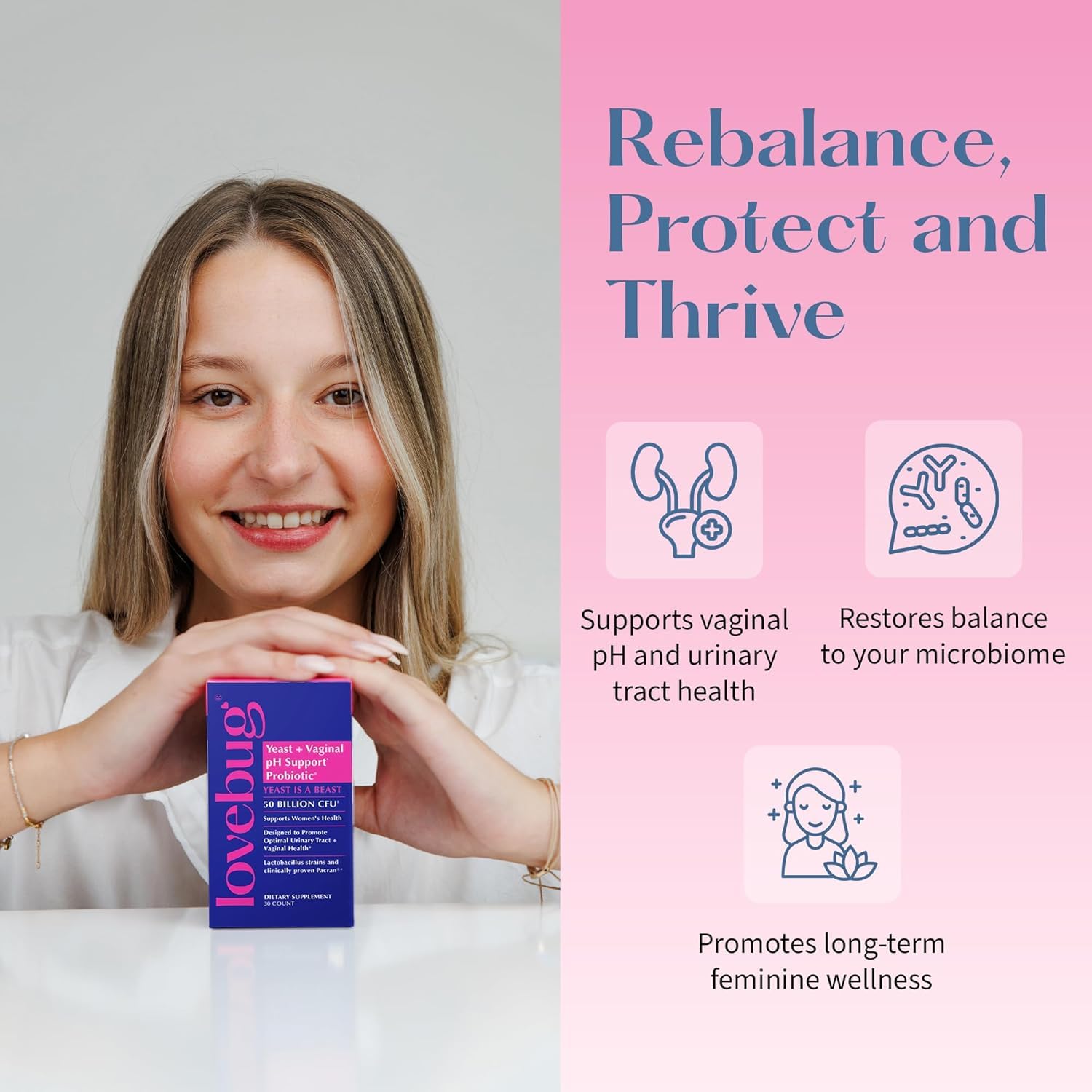 Lifestyle scene of a woman taking LOVEBUG Pancran capsule for daily wellness.