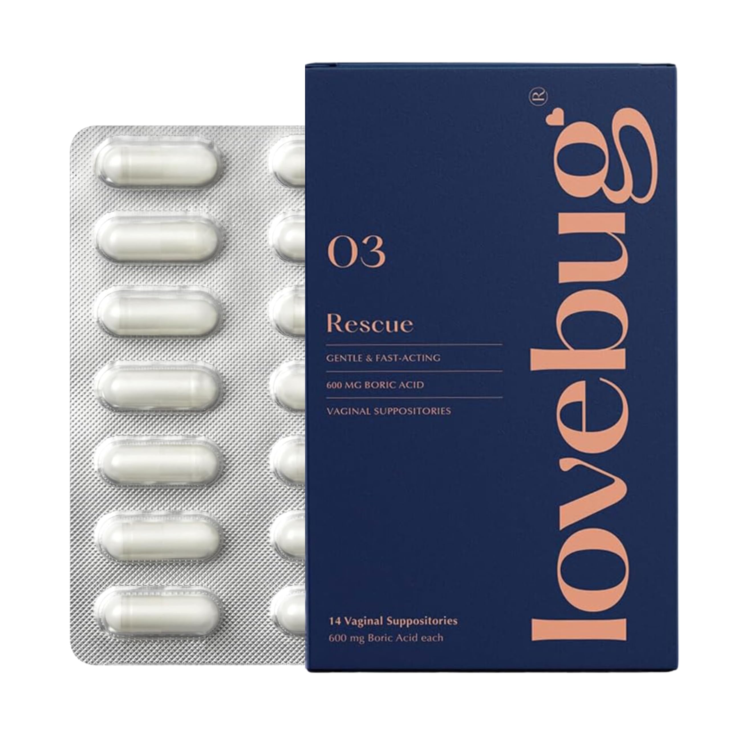 LoveBug Rescue boric acid suppositories in a 14-count box for balance and comfort.