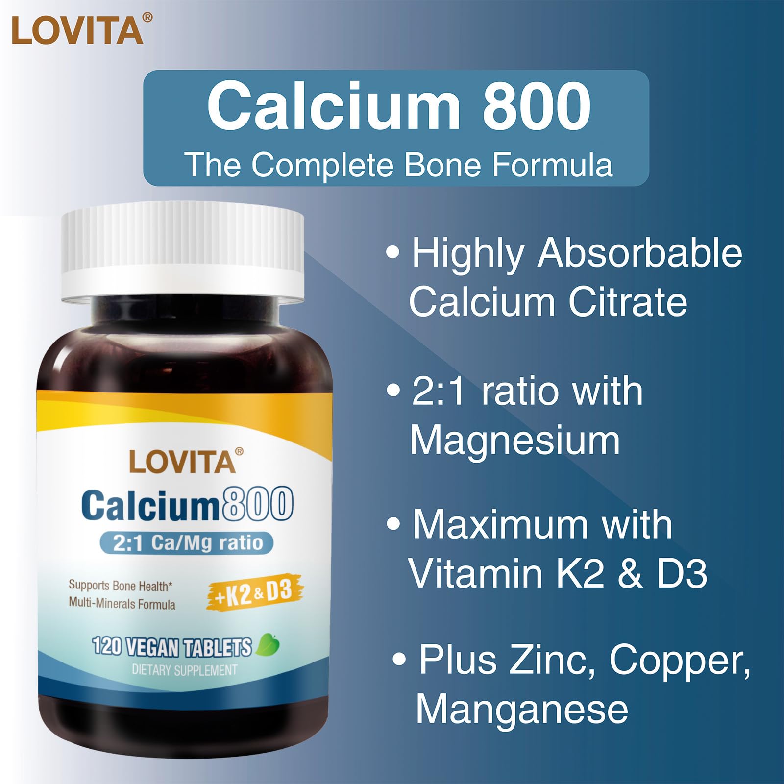 Close-up of Lovita 800mg calcium citrate tablets for easy daily intake.