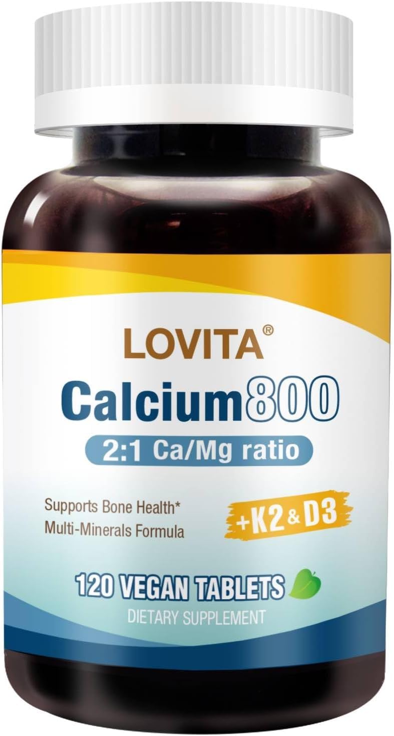 Vegan Lovita calcium citrate 800mg tablets shown for plant-based supplementation.