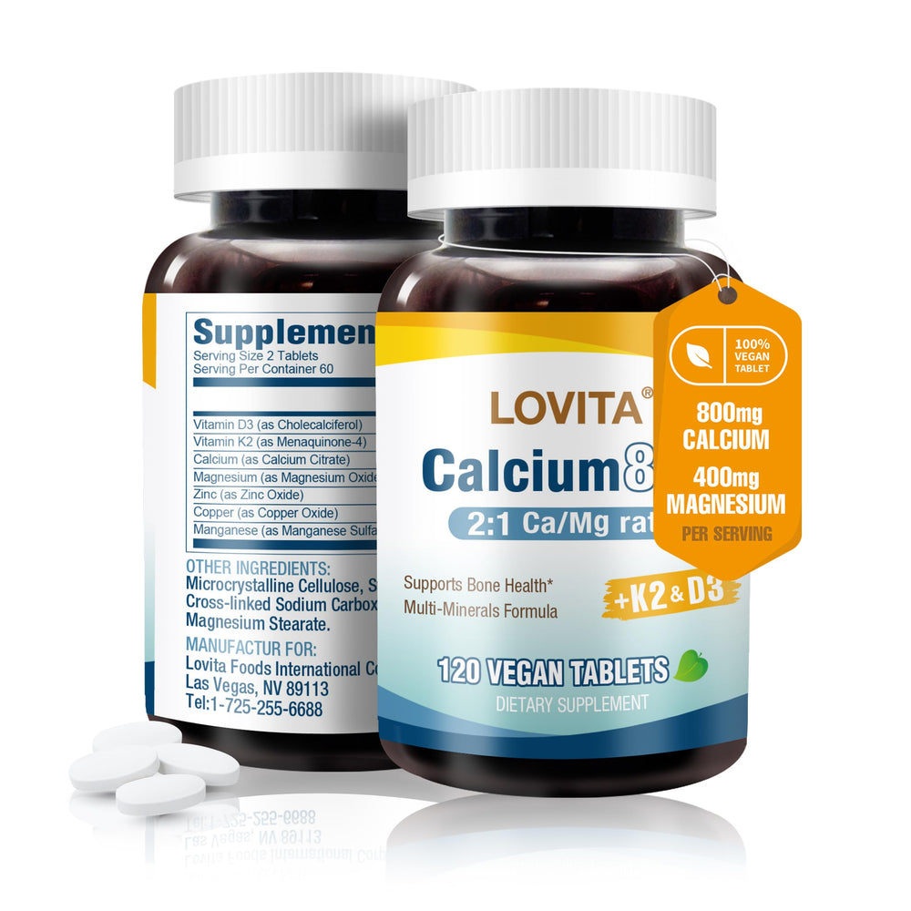 Lovita Calcium Citrate 800mg with magnesium bottle promoting bone support and everyday use.