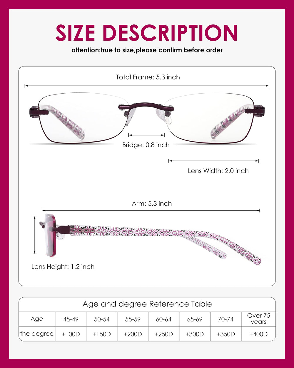 LOVIVY rimless glasses with tinted edge and pattern on arms for stylish daily wear