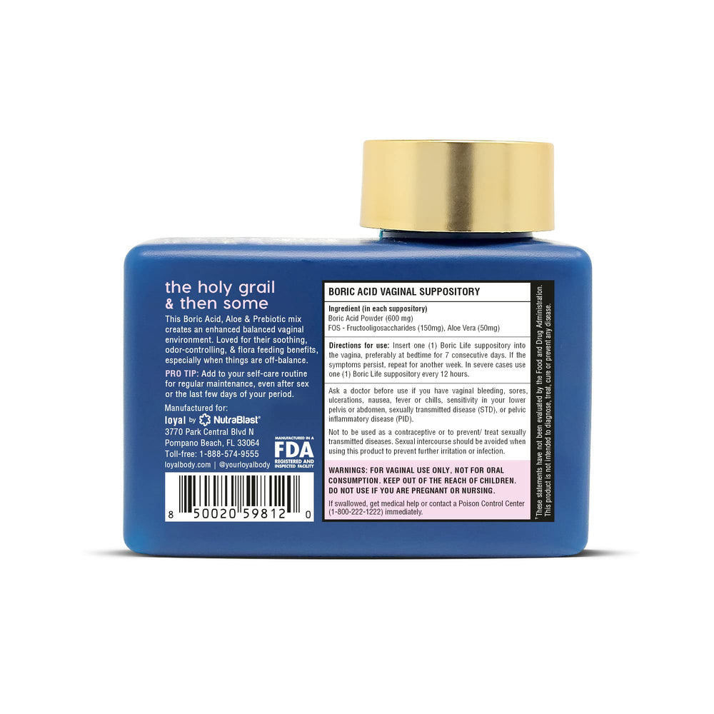 Loyal Boric Life Plus supositorio con aplicacion suave para confort nocturno.