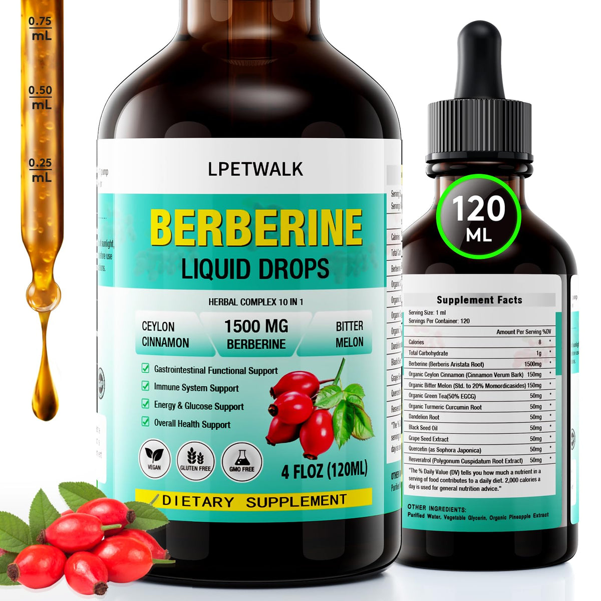 LPETWALK Berberine liquid drops bottle showing premium herbal blend for daily wellness
