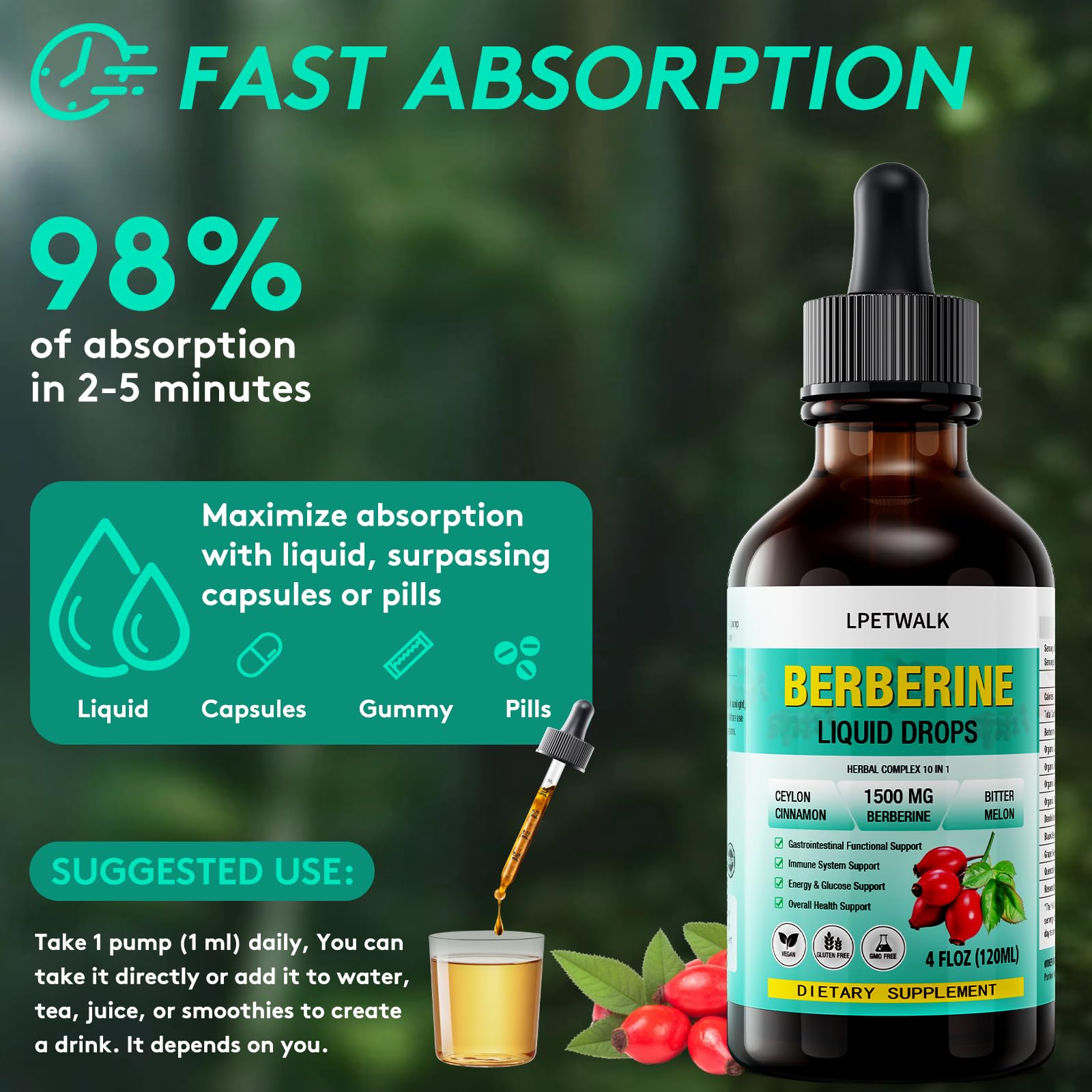 LPETWALK Berberine liquid drops ingredients panel with botanicals and vegan base