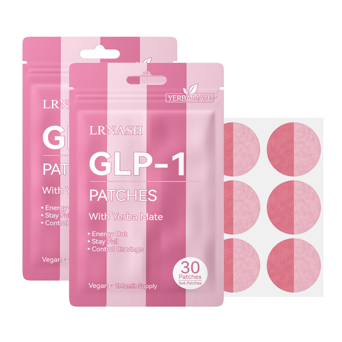 LRNASH GLP-1 patches Yerba Mate packaging showing a 60-day vegan option
