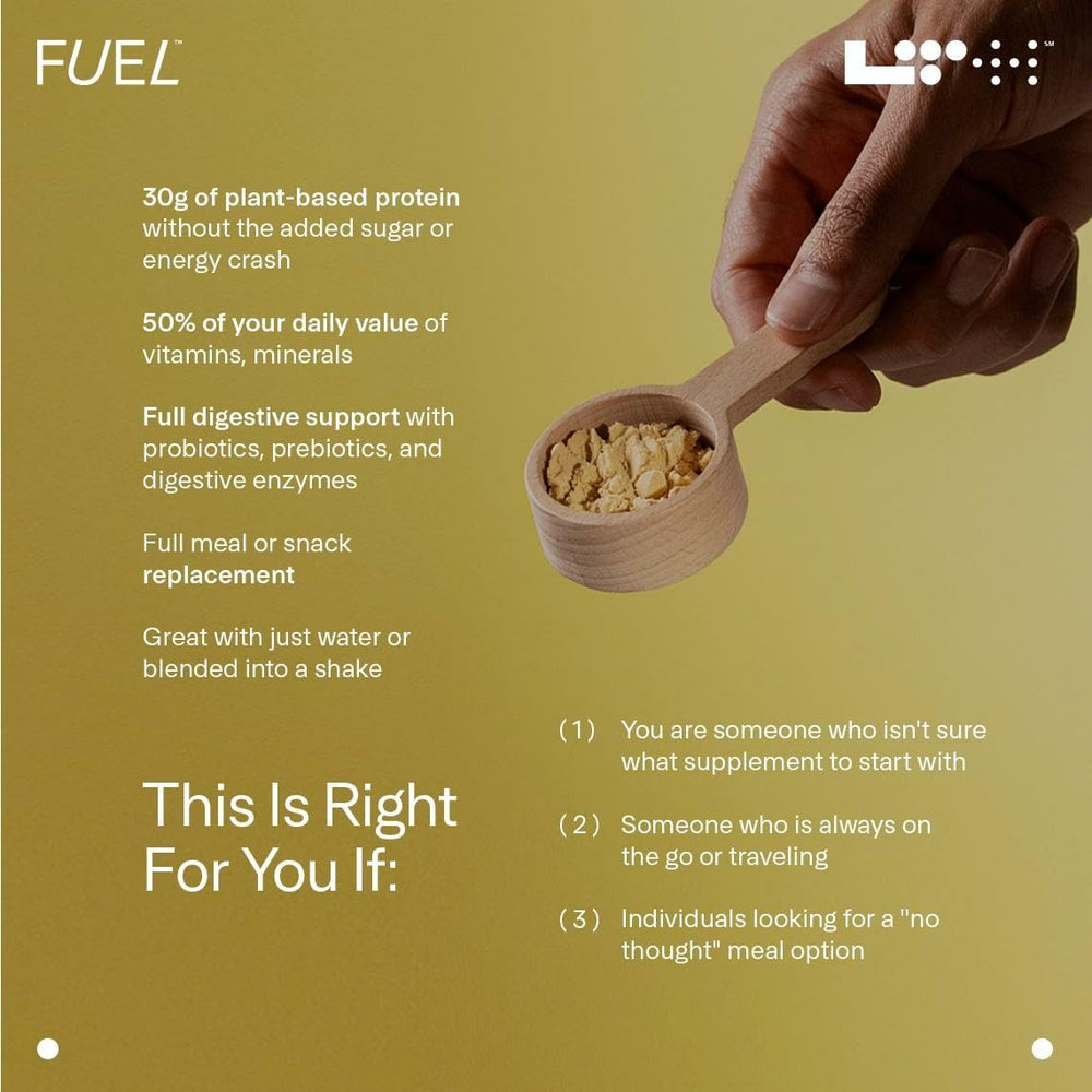LTH Fuel Vegan vanilla powder scoop shows protein-rich ingredients ready to mix