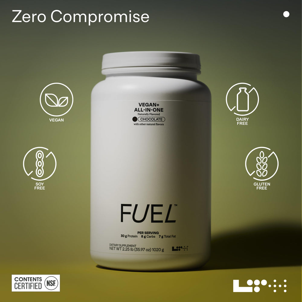 NSF-certified badge on LTH Fuel Vegan packaging.