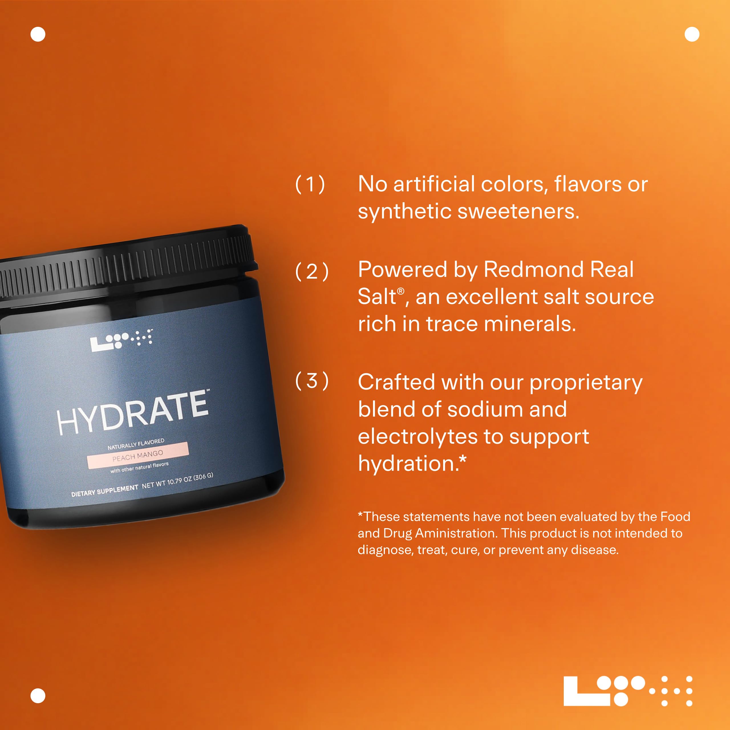 Nutrition label on LTH Hydrate shows gluten-free and dairy-free benefits.