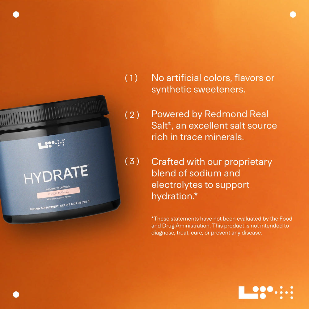 Nutrition label on LTH Hydrate shows gluten-free and dairy-free benefits.