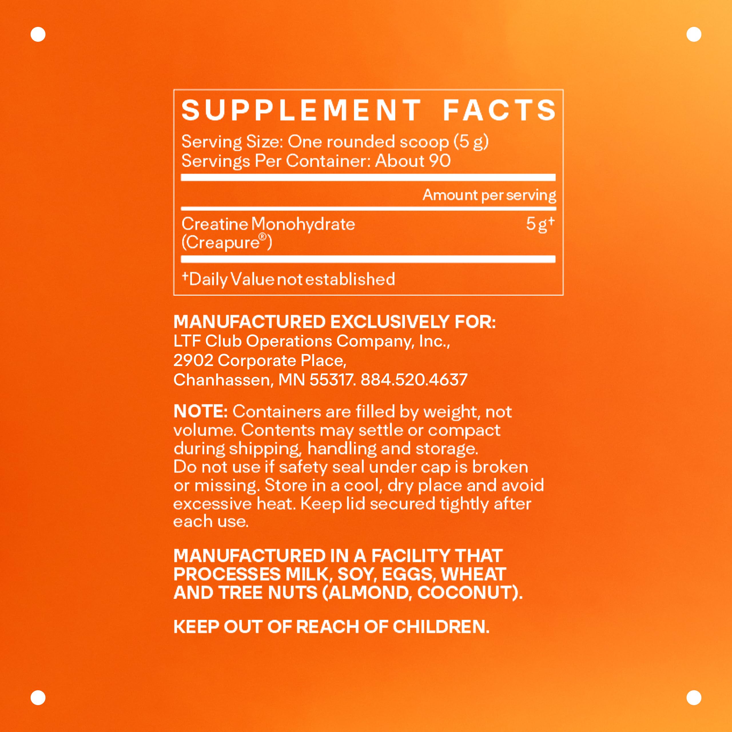 Close-up of LTH Power Creatine Monohydrate label highlighting Creapure purity.