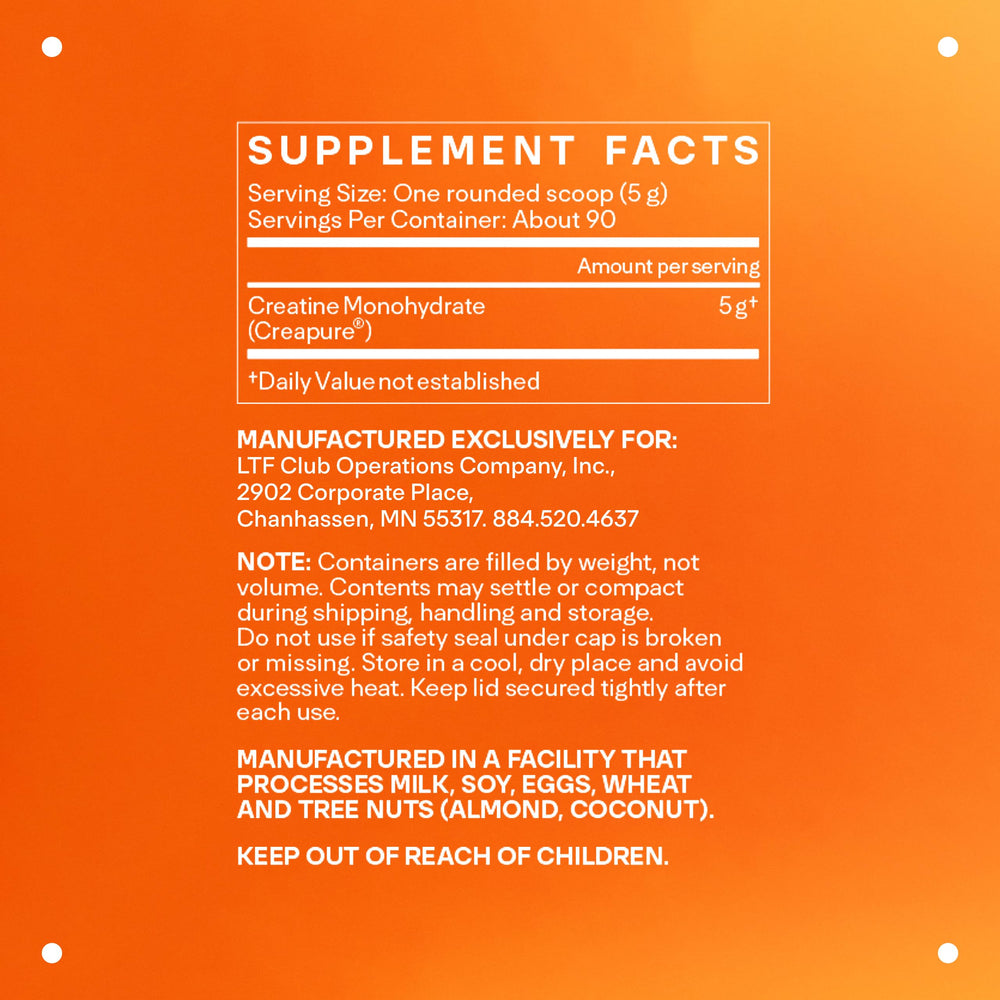 Close-up of LTH Power Creatine Monohydrate label highlighting Creapure purity.