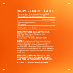 Close-up of LTH Power Creatine Monohydrate label highlighting Creapure purity.