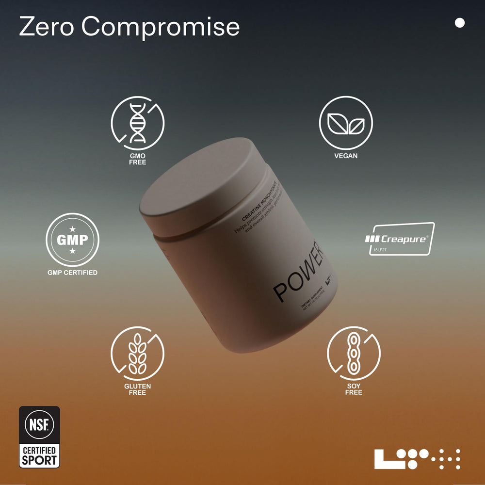 Measuring scoop beside jar for consistent daily servings of LTH Power.