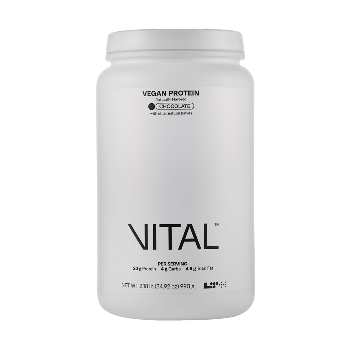 LTH Vital Vegan Protein powder tub shown for creamy chocolate shake when mixed