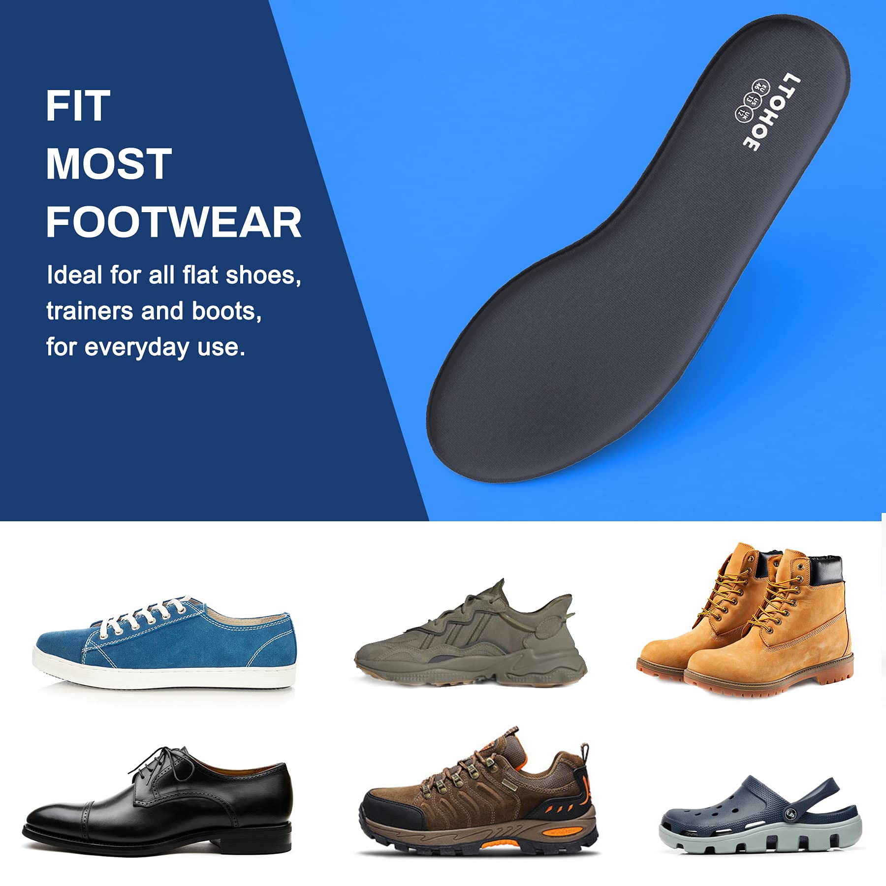 LTOHOE tailored insoles fit most shoes without cutting.