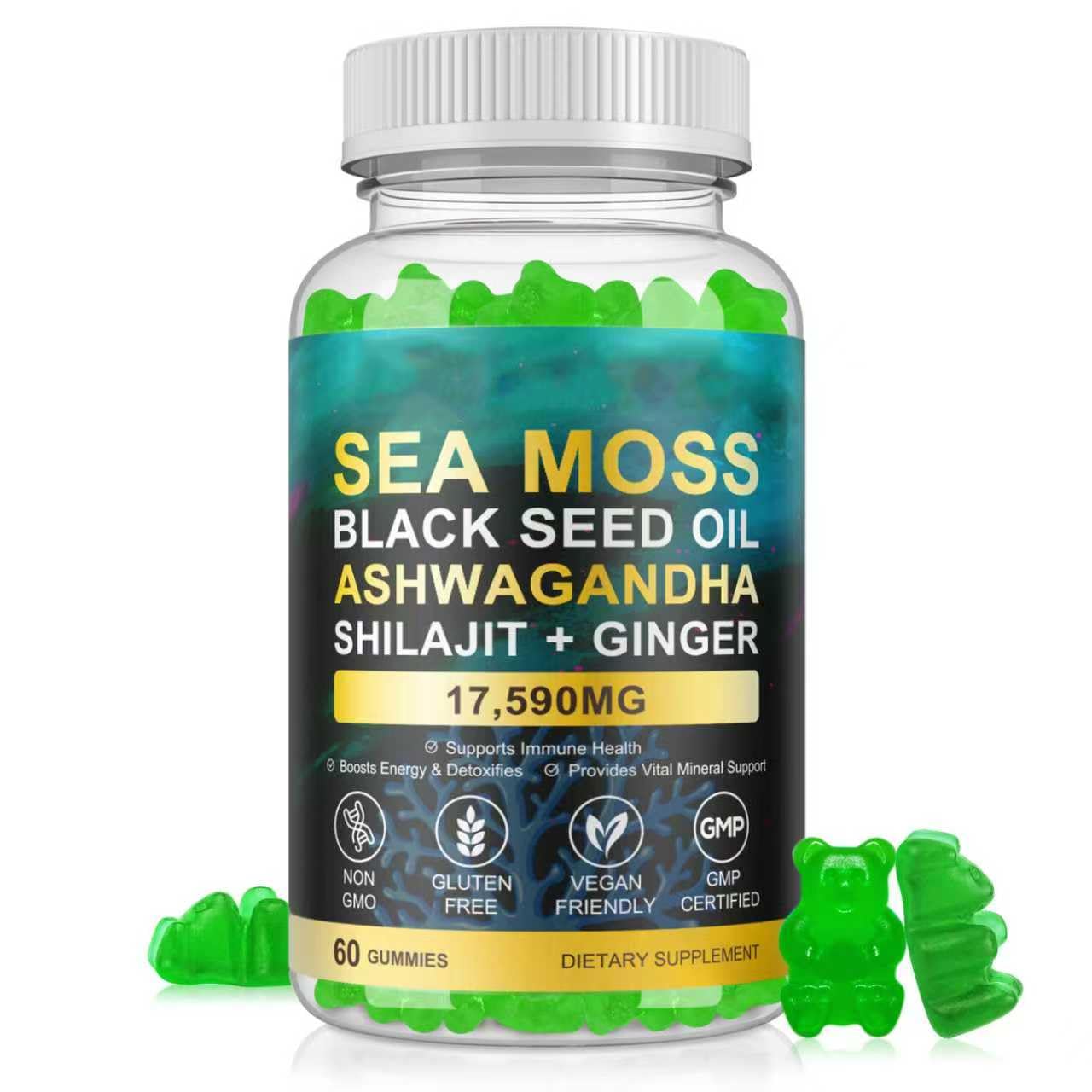 LTQXGT Sea Moss Gummies bottle front showing colorful gummies for daily energy support.