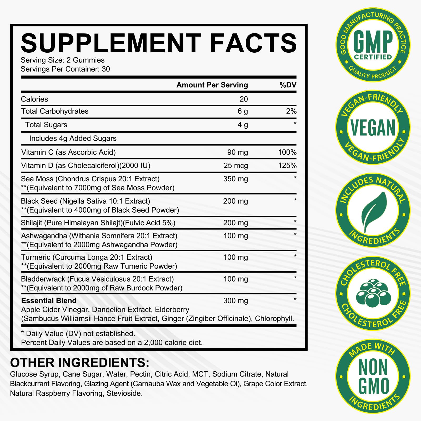 LTQXGT Sea Moss Gummies ingredients closeup highlighting sea moss, bladderwrack and ashwagandha.