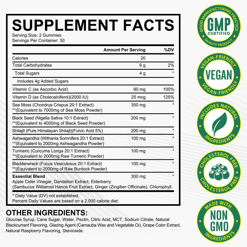 LTQXGT Sea Moss Gummies ingredients closeup highlighting sea moss, bladderwrack and ashwagandha.