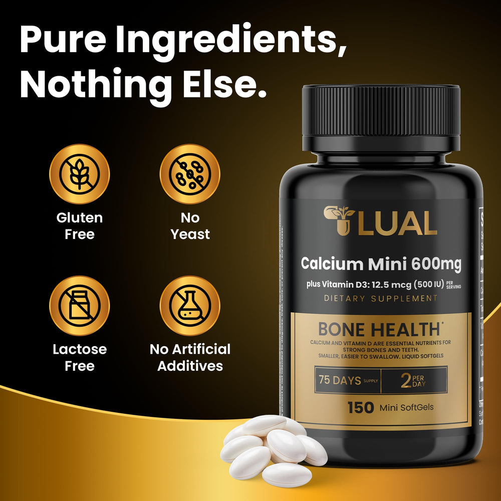 LUAL Calcium Minis bottle with a glass suggests daily wellness use.