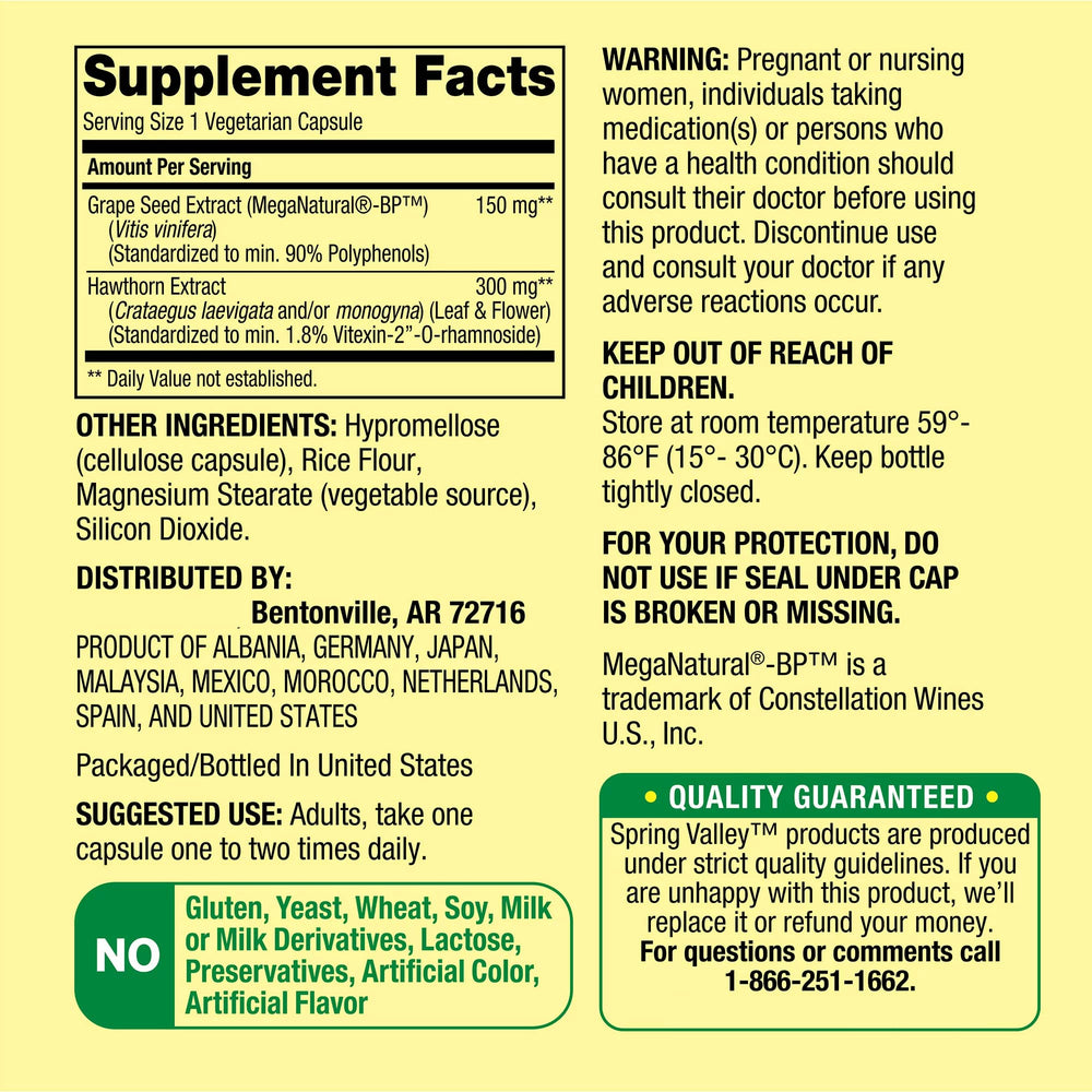Label close-up showing MegaNatural-BP and Hawthorn extract on bottle.