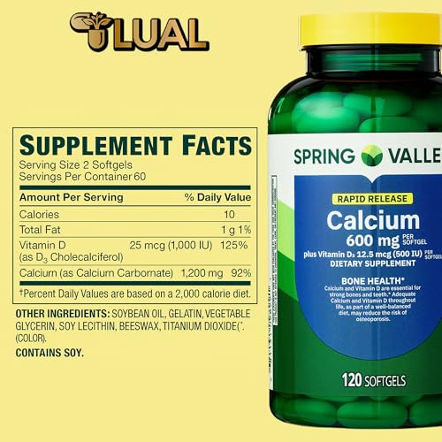 Bottle label shows 600 mg calcium and 500 IU vitamin D3 per softgel.