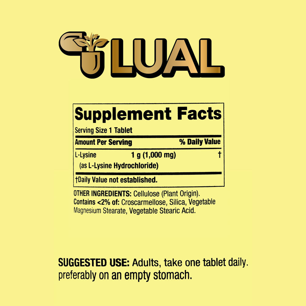 Label view shows gluten- and dairy-free L-Lysine formulation.