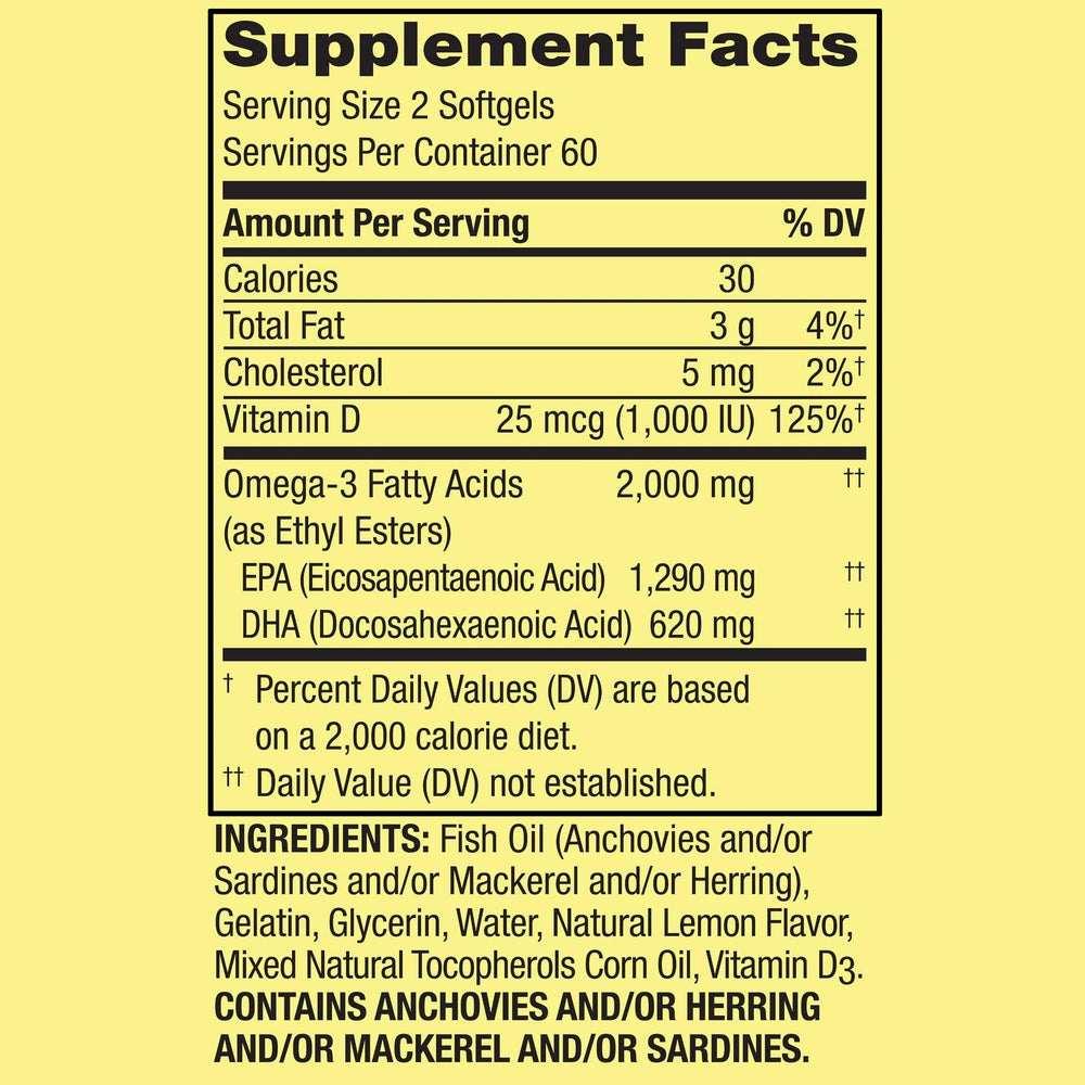 LUAL Spring Valley Omega-3 lemon flavor softgels with fresh taste.