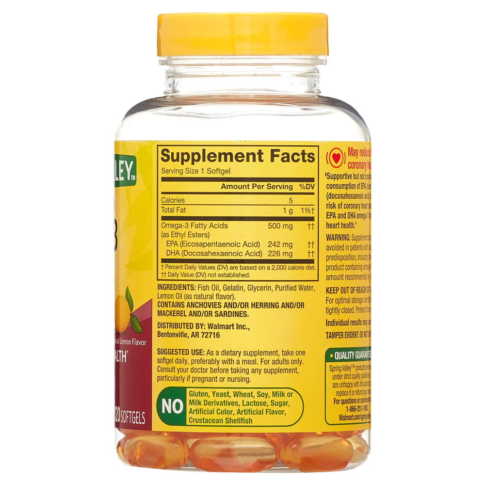 Spring Valley Omega-3 bottle on kitchen counter ready for daily use.