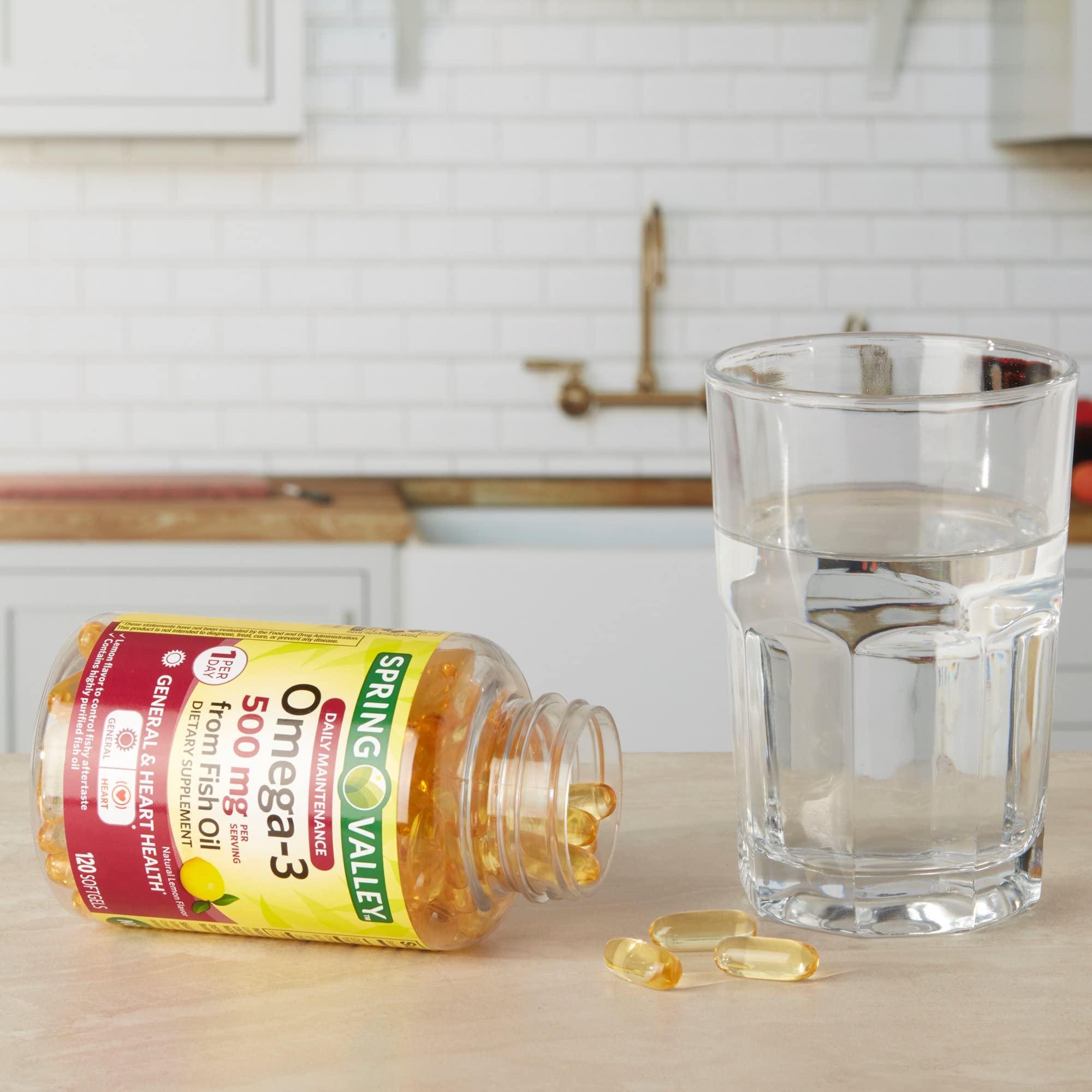Spring Valley Omega-3 label detail emphasizes sustainable fish oil sourcing.