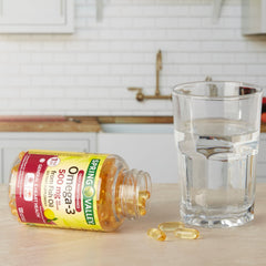Spring Valley Omega-3 label detail emphasizes sustainable fish oil sourcing.
