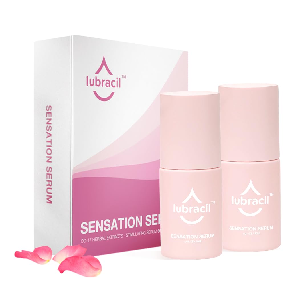 Lubracil Sensation Serum bottle close-up highlights natural herbal formula for smooth moisture.