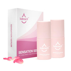 Lubracil Sensation Serum bottle close-up highlights natural herbal formula for smooth moisture.
