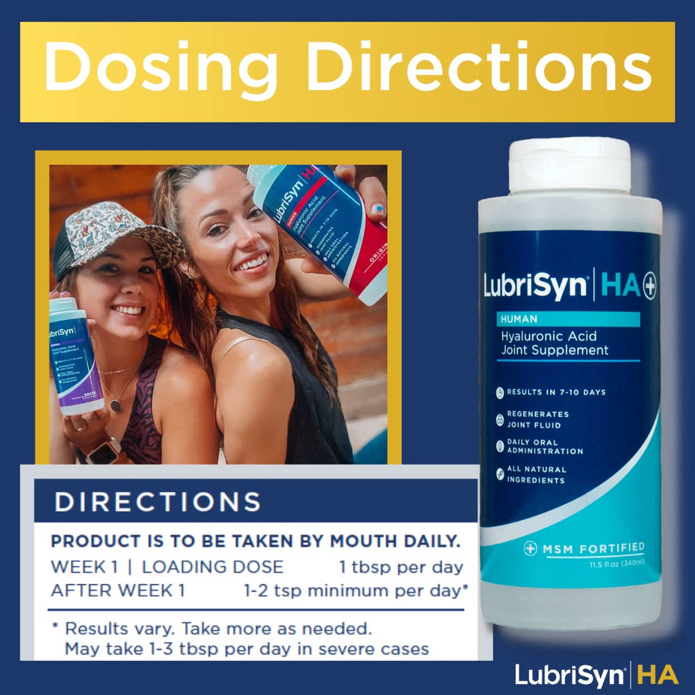Closeup of LubriSynHA liquid formulation emphasizing easy daily dosing