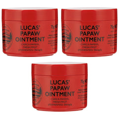 Lucas Papaw Ointment 3-pack display for versatile skin relief at home and travel.