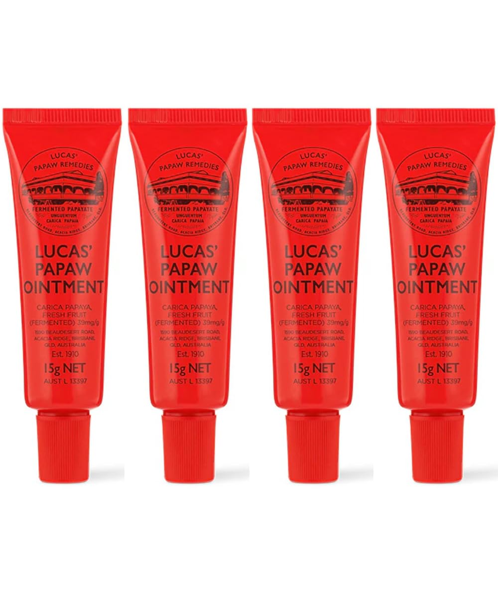 Lucas Papaw Ointment four-tube set with lip applicator for precise, portable skin relief.