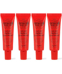 Lucas Papaw Ointment four-tube set with lip applicator for precise, portable skin relief.