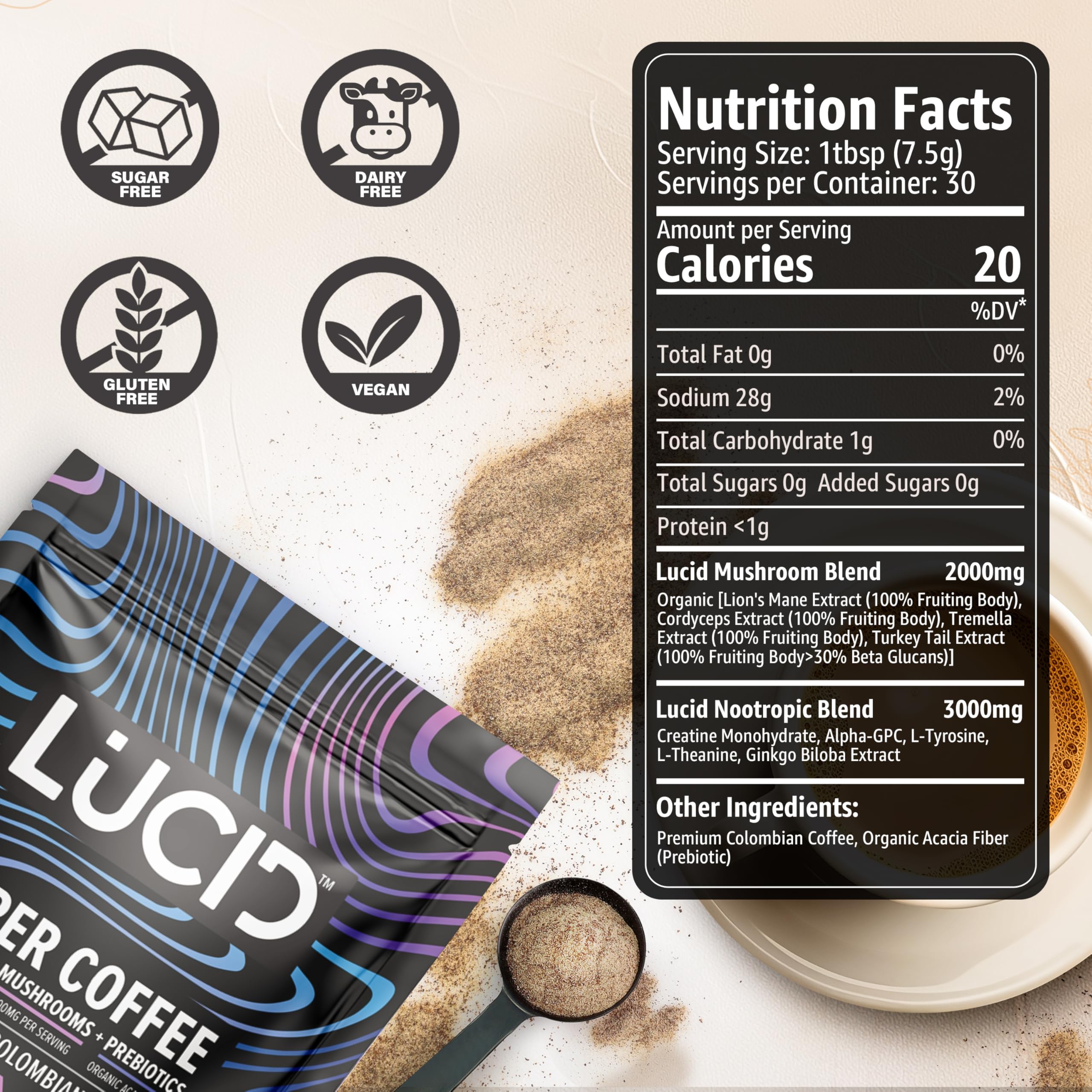 Lucid L-Theanine steam rising above mug promoting calm focus.