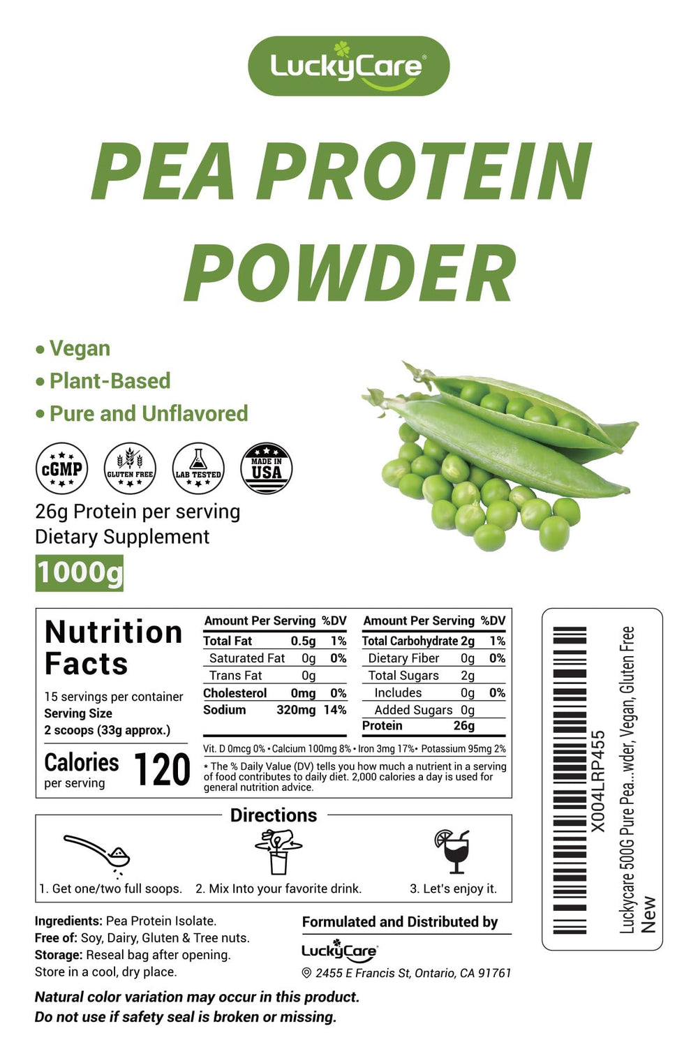 Luckycare pea protein powder scoop showing 26g serving for post-workout recovery