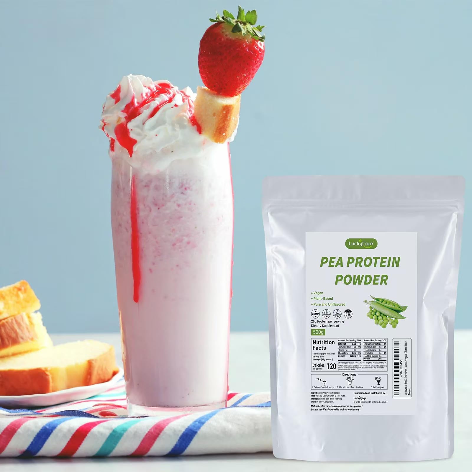 Luckycare pea protein powder label highlights non-GMO and clean production