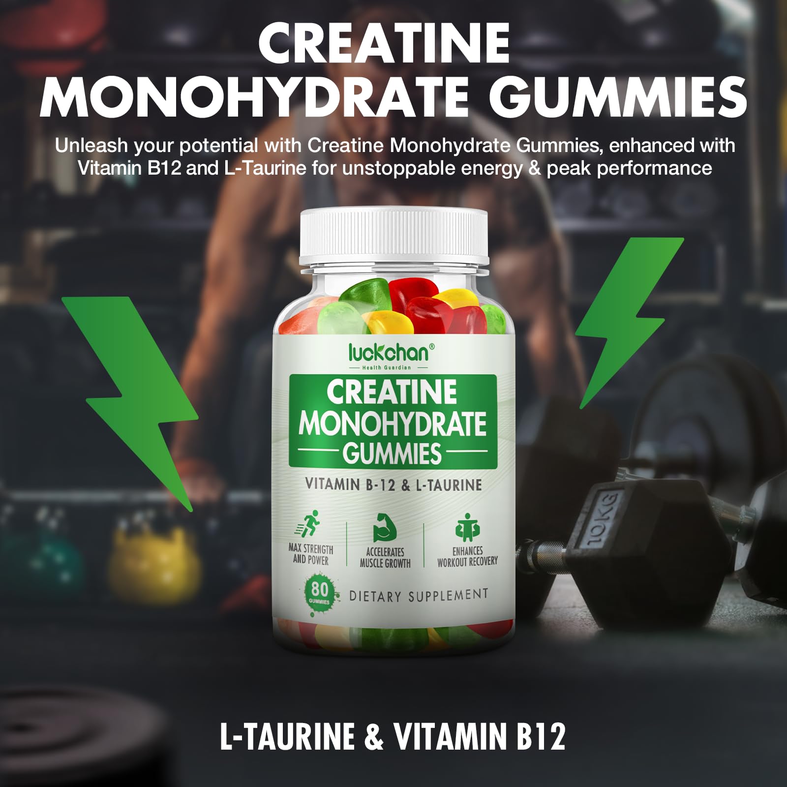 LUCKCHAN Creatine Monohydrate Gummies open packet highlighting grab-and-go nutrition.