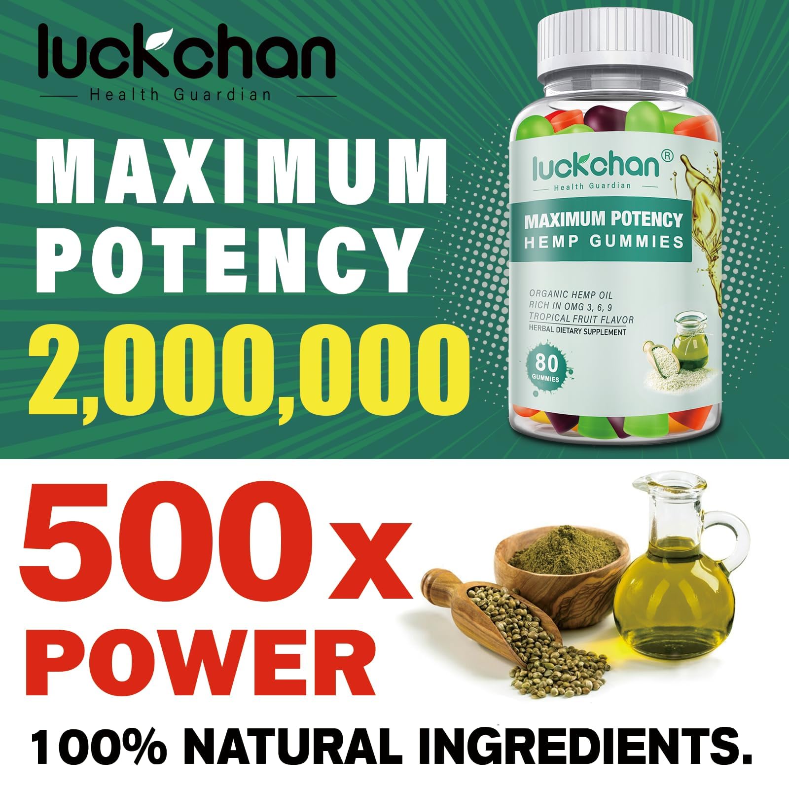 LUCKCHAN hemp gummies bottle closeup with bear shapes for easy consumption