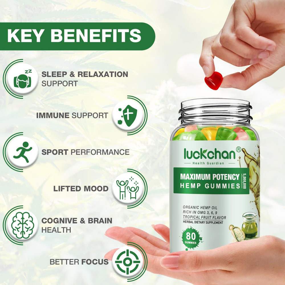 LUCKCHAN hemp gummies bottle close-up with label suggesting sleep support.