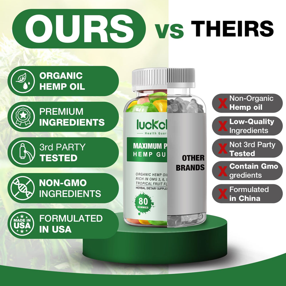 LUCKCHAN hemp gummies packaging highlights gluten-free, gelatin-free formula.