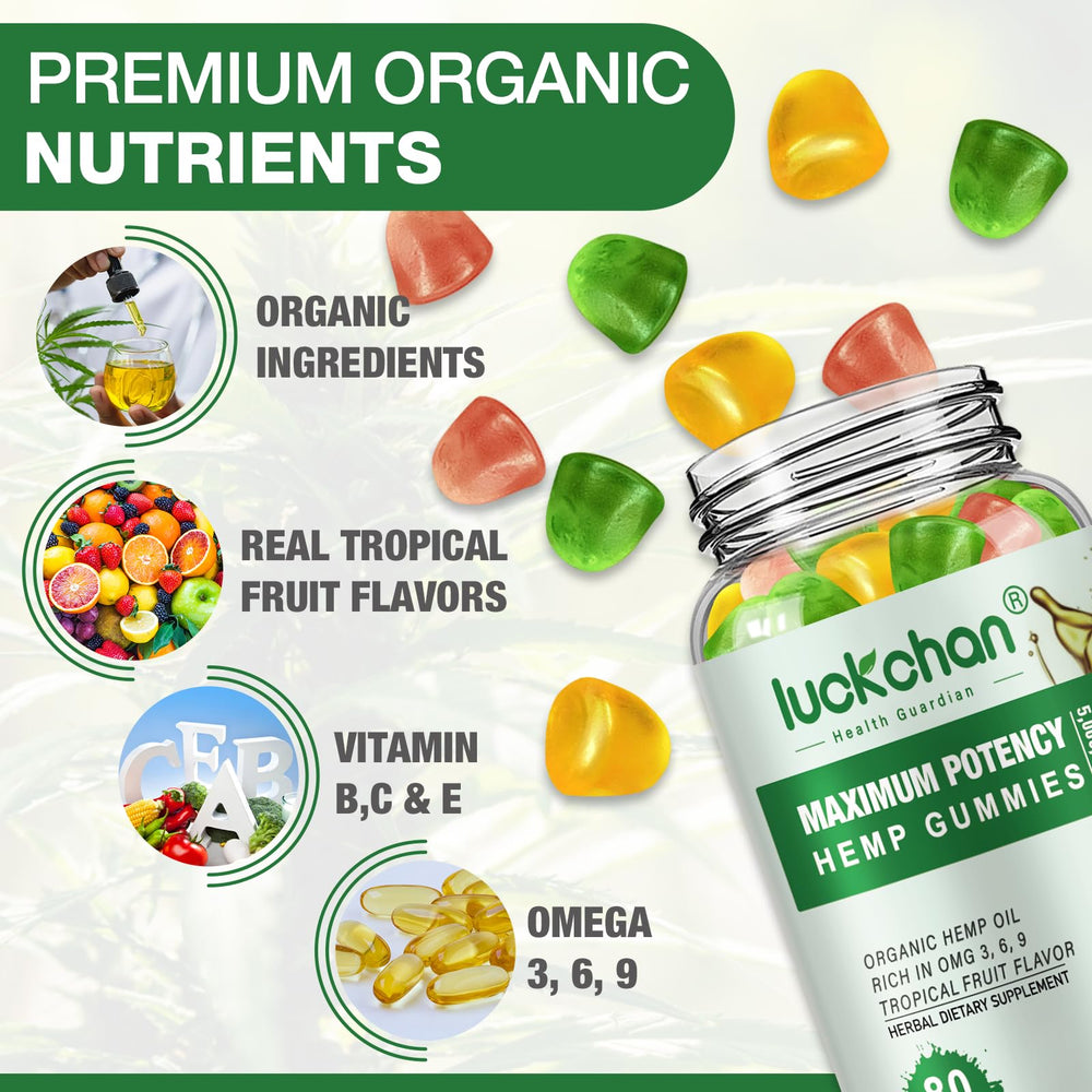 LUCKCHAN hemp gummies pouring shot for easy daily use.