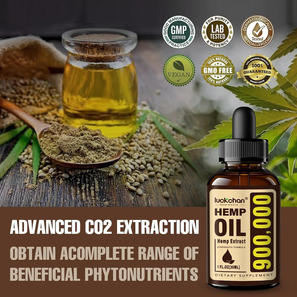 LUCKCHAN hemp oil ingredients closeup emphasizing natural omega nutrients.