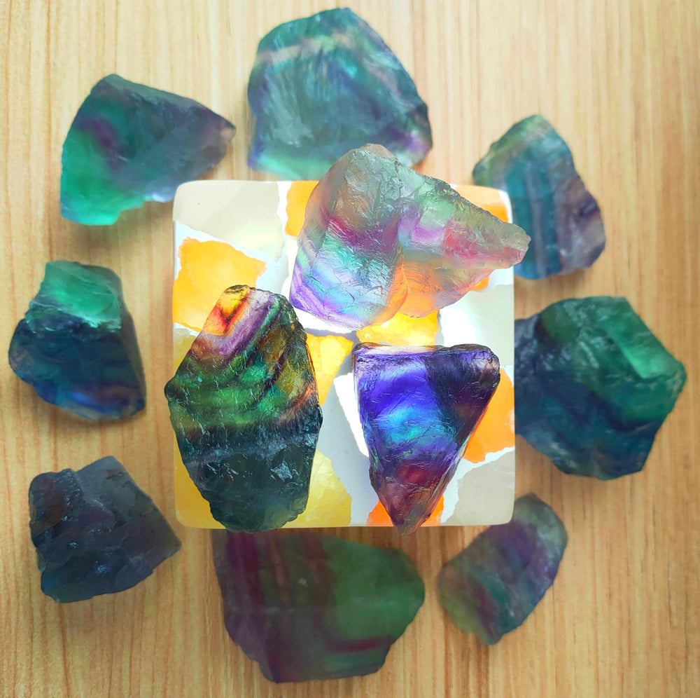 Luckeeper fluorite rough stones show natural shapes and vivid color variations.
