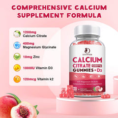 LUCNVEM calcium citrate 1200mg gummies closeup showing peach flavor and chewy texture